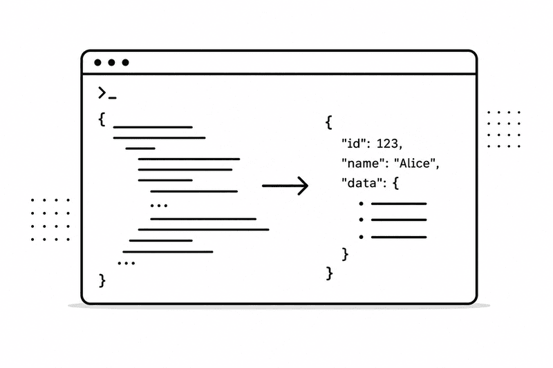 A structured JSON log beside a clean terminal output
